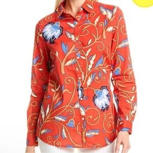 J. McLaughlin Lois Red Printed Button Down Cotton Top Size M